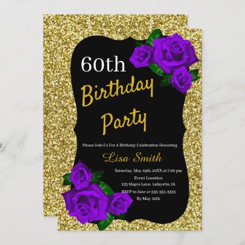 Any Age Birthday Gold Glitter Purple Roses Invitation