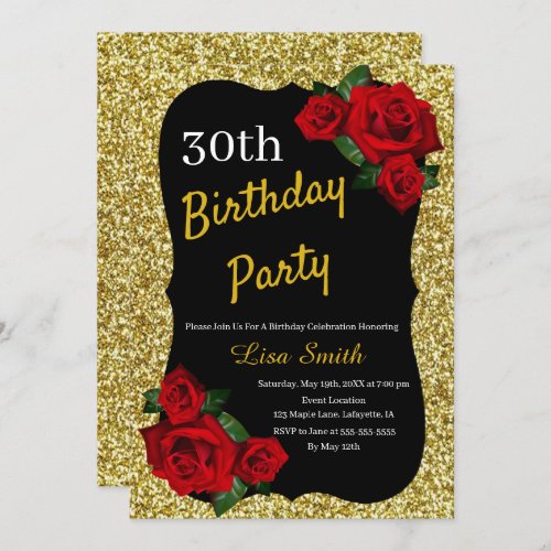 Any Age Birthday Gold Glitter Red Roses Invitation