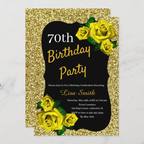 Any Age Birthday Gold Glitter Yellow Roses Invitation