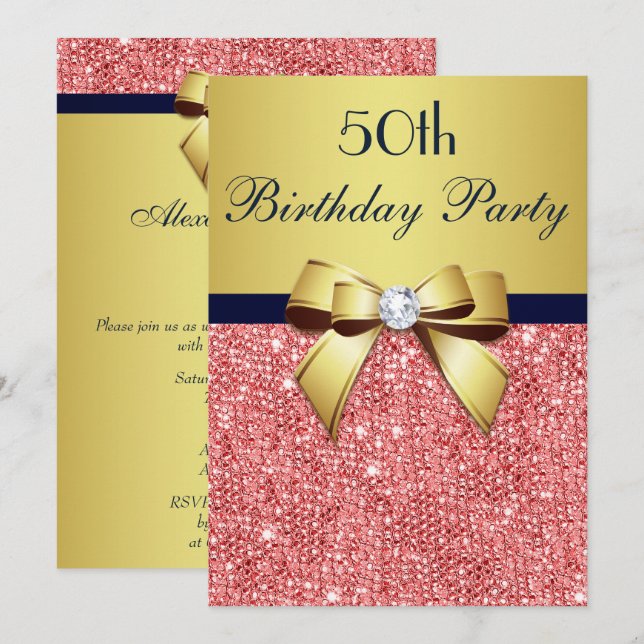 Any Age Birthday Gold Navy Coral Sequins Bow Invitation (Front/Back)