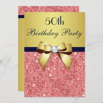 Any Age Birthday Gold Navy Coral Sequins Bow Invitation by GroovyGraphics at Zazzle