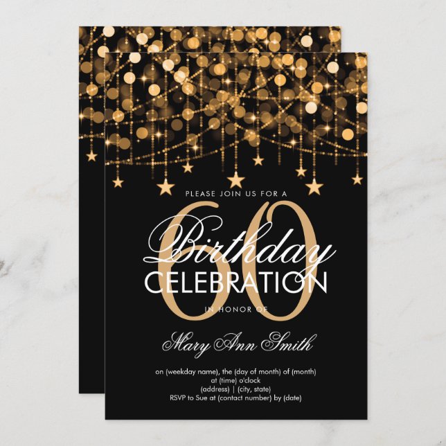 Any Age Birthday Gold String Lights & Stars Invitation (Front/Back)