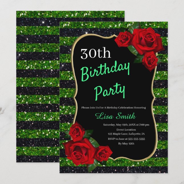 Any Age Birthday Green And Black Glitter Red Roses Invitation (Front/Back)
