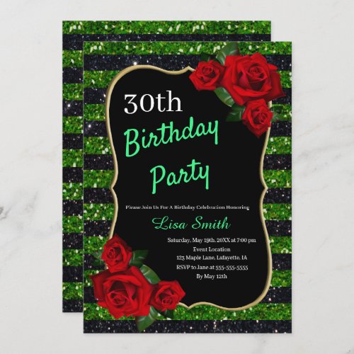 Any Age Birthday Green And Black Glitter Red Roses Invitation
