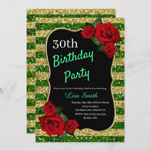 Any Age Birthday Green And Gold Glitter Red Roses Invitation