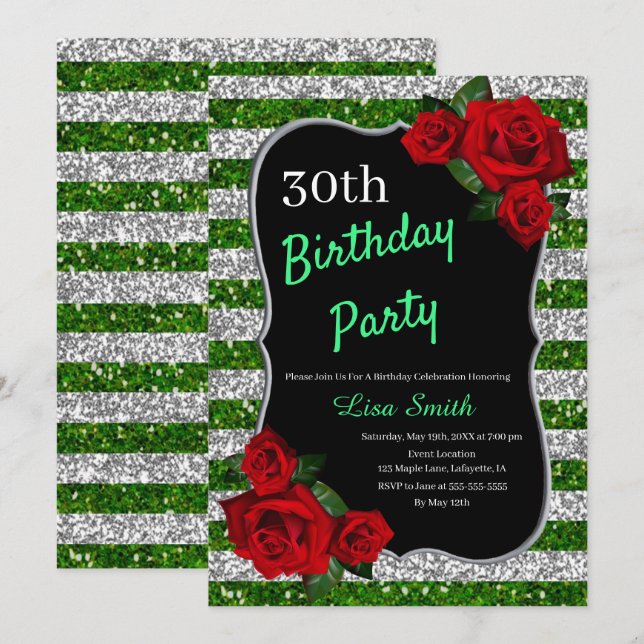 Any Age Birthday Green And Silver Glitter Red Rose Invitation (Front/Back)