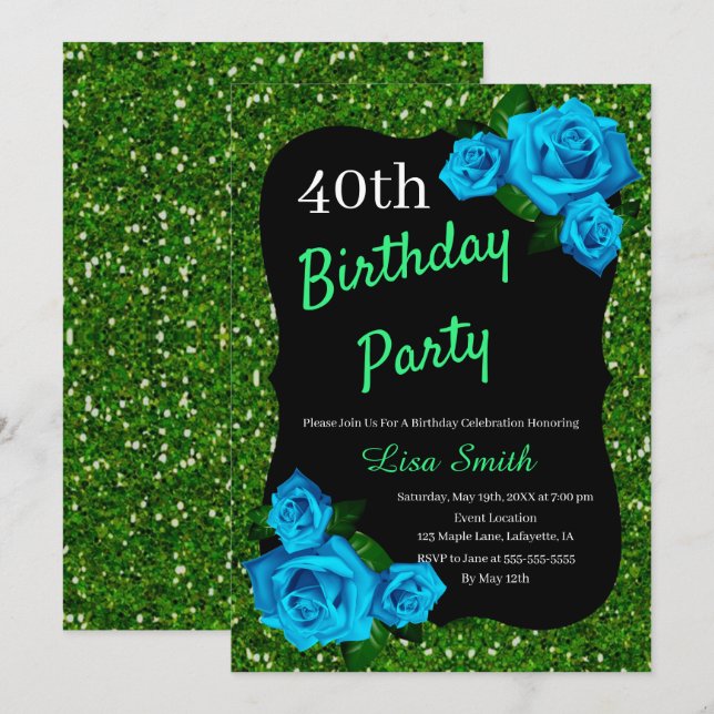 Any Age Birthday Green Glitter Blue Roses Invitation (Front/Back)