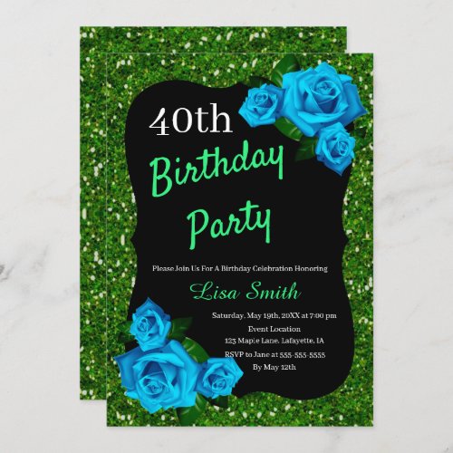 Any Age Birthday Green Glitter Blue Roses Invitation