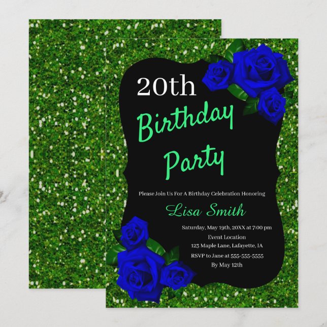 Any Age Birthday Green Glitter Deep Blue Roses Invitation (Front/Back)
