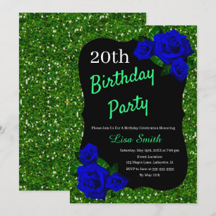Any Age Birthday Green Glitter Deep Blue Roses Invitation