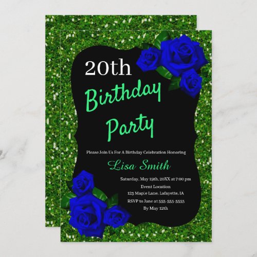 Any Age Birthday Green Glitter Deep Blue Roses Invitation
