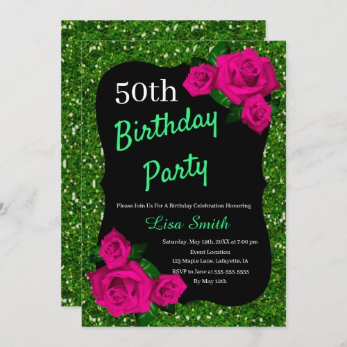 Any Age Birthday Green Glitter Pink Roses Invitation