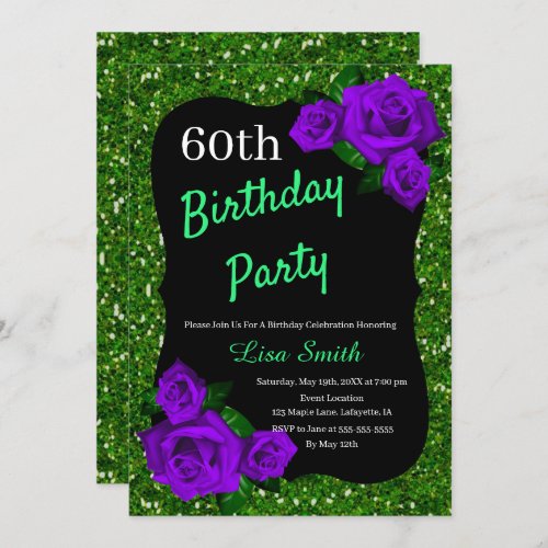 Any Age Birthday Green Glitter Purple Roses Invitation