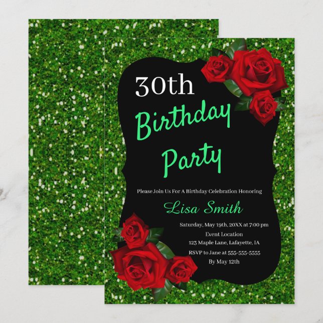 Any Age Birthday Green Glitter Red Roses Invitation (Front/Back)