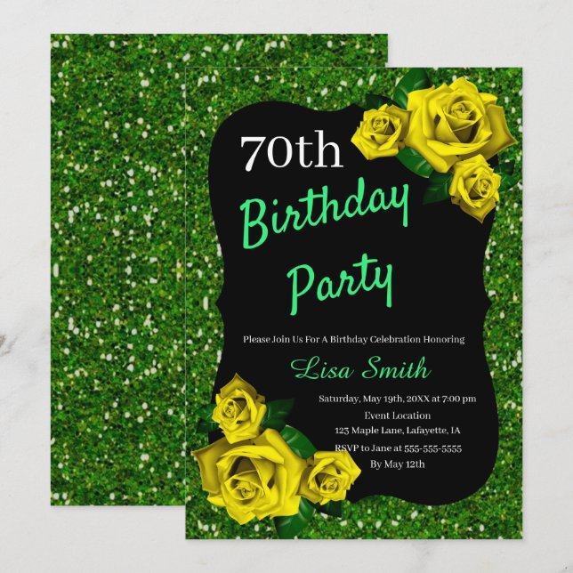 Any Age Birthday Green Glitter Yellow Roses Invitation (Front/Back)