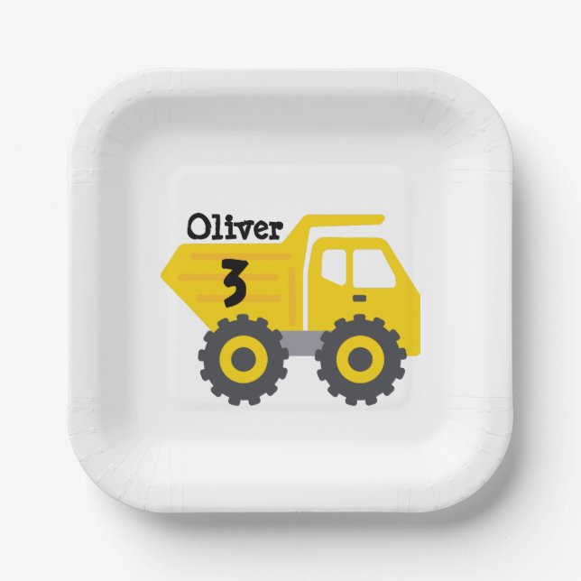 Any Age Birthday Kids Yellow Dump Truck Boy Paper Plates (Front)