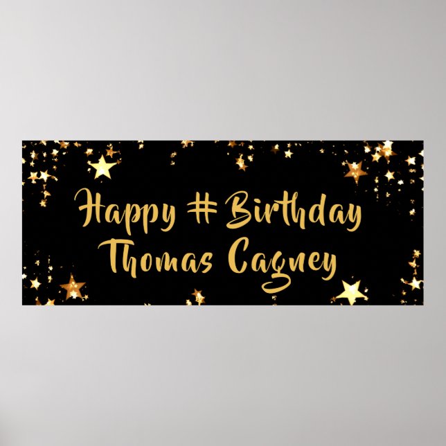ANY AGE Birthday Modern Black Gold Stars Your Text Poster (Front)