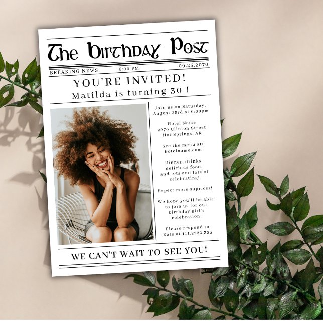 Any Age Birthday Newspaper Custom Photo  Invitation (Creator Uploaded)