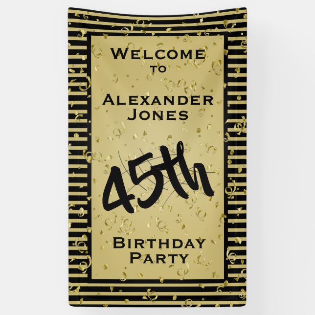 Any Age Birthday Party - Black and Gold Stripes Banner (Vertical)