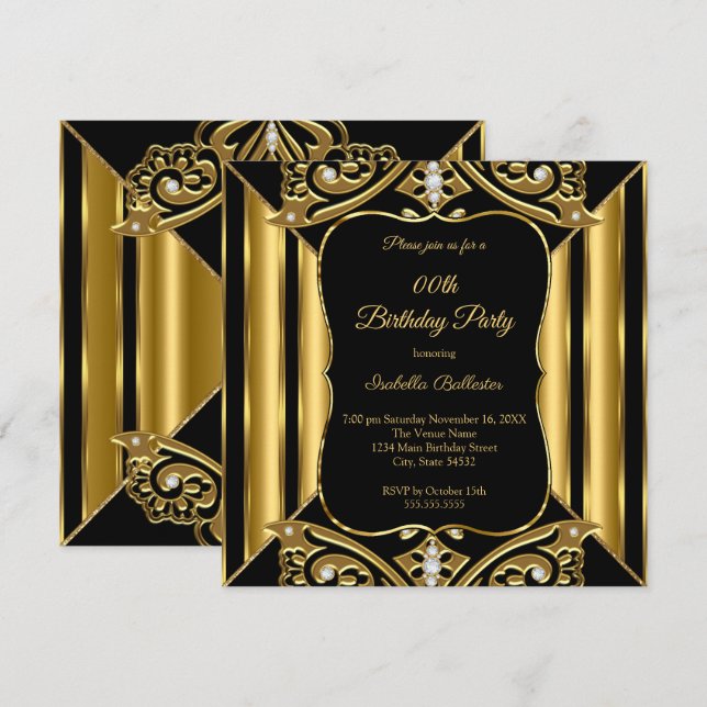 Any Age Birthday Party Black Gold Diamond image 2 Invitation (Front/Back)