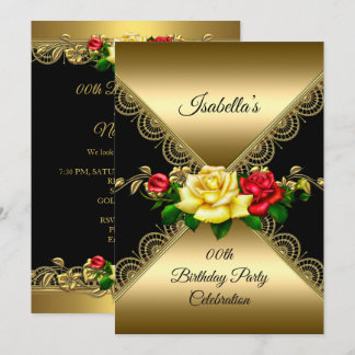 Any age Birthday Party Black Gold red yellow Roses Invitation