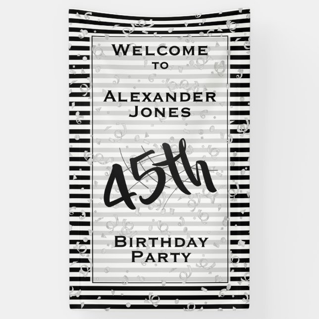 Any Age Birthday Party - Black/White Stripes Banner (Vertical)