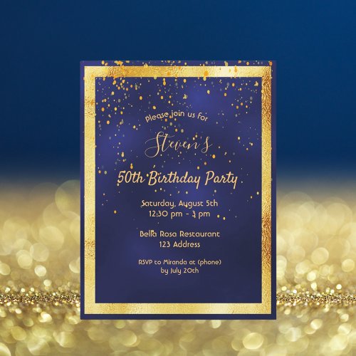 Any age birthday party blue gold invitation postcard
