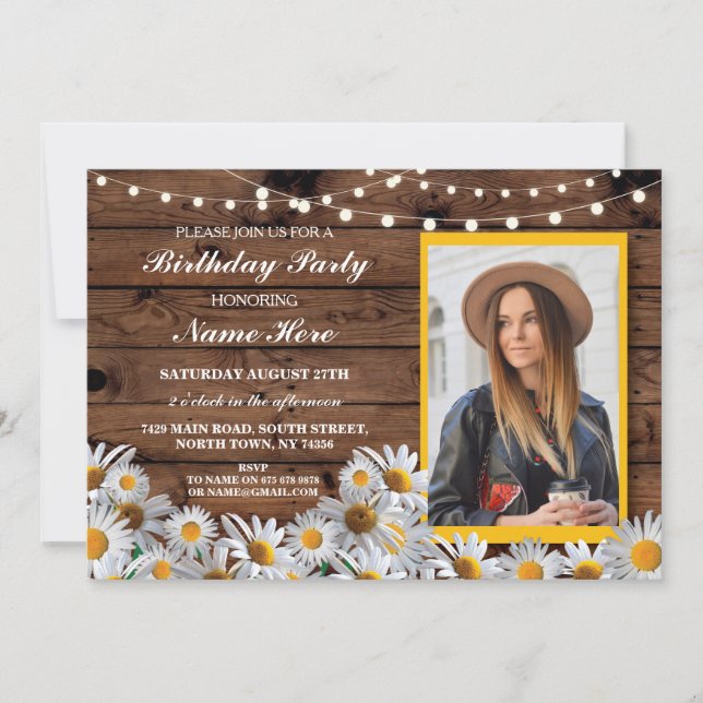 Any Age Birthday Party Daisy Wood Photo Invite 30 (Front)