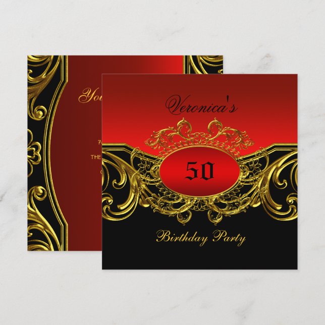 Any Age Birthday Party Elegant Red Black Gold Invitation (Front/Back)