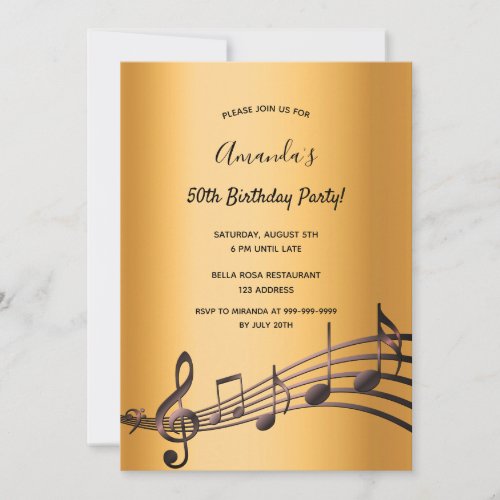 Any age birthday party gold black music notes invitation