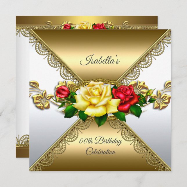 Any age Birthday Party Gold red yellow Roses Invitation (Front/Back)