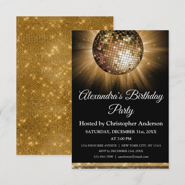 Any Age Birthday Party Gold Sparkle Disco Ball Invitation (Front/Back)