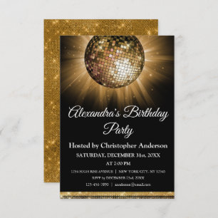Any Age Birthday Party Gold Sparkle Disco Ball Invitation