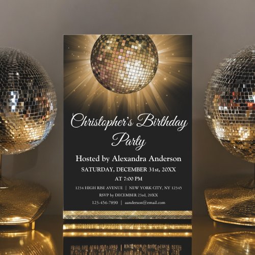Any Age Birthday Party Gold Sparkle Disco Ball Invitation