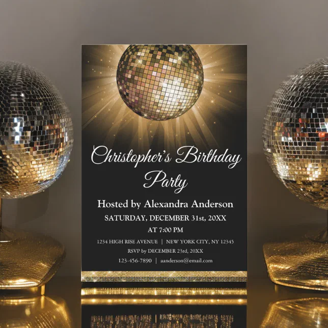 Any Age Birthday Party Gold Sparkle Disco Ball Invitation | Zazzle