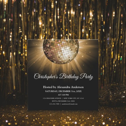Any Age Birthday Party Gold Sparkle Disco Ball Invitation