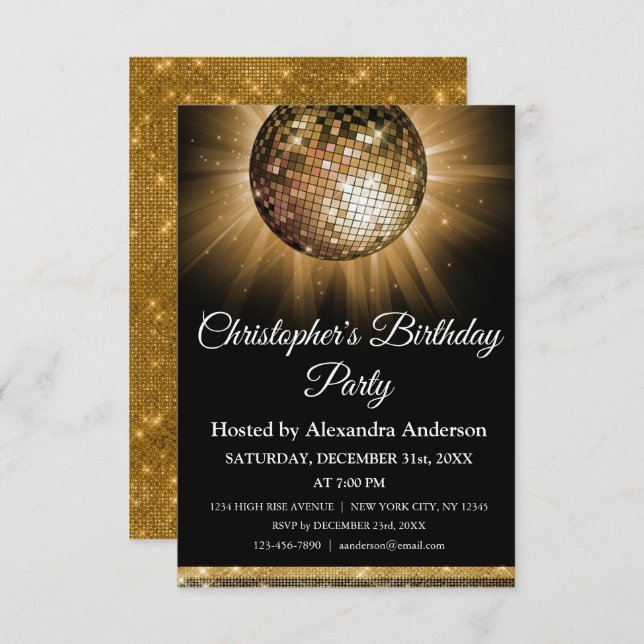 Any Age Birthday Party Gold Sparkle Disco Ball Invitation (Front/Back)