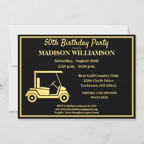 Any Age Birthday Party Golf Black Gold   Invitation