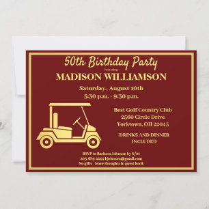 Any Age Birthday Party Golf Red Gold Invitation