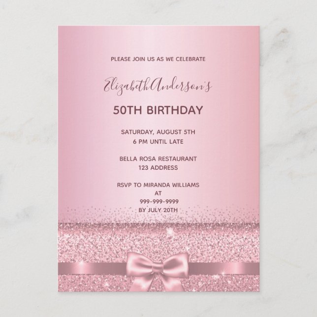 Any age birthday party rose gold invitation postcard (Front)