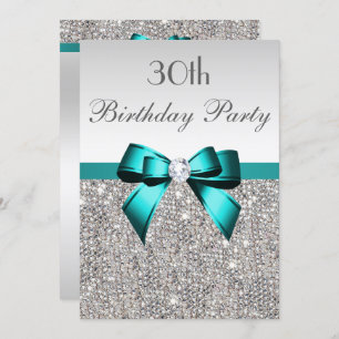 Any Age Birthday Party Silver Sequin Deep Teal Bow Invitation