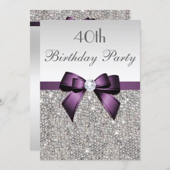 Any Age Birthday Party Silver Sequin Purple Bow Invitation by GroovyGraphics at Zazzle
