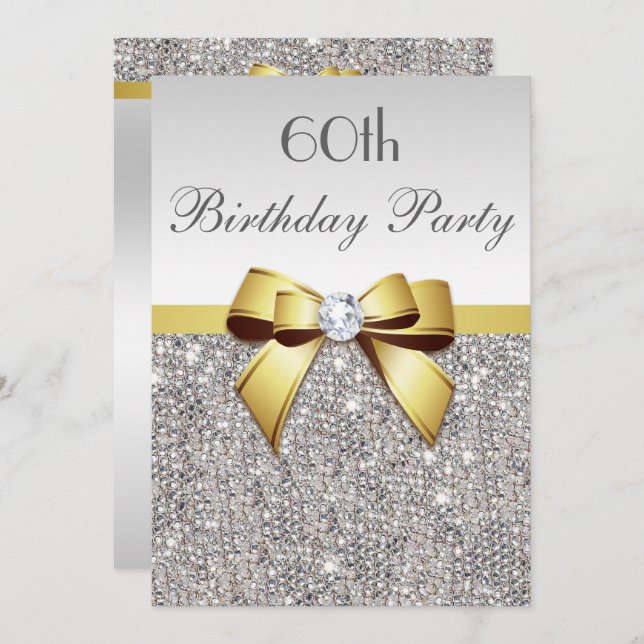 Any Age Birthday Party Silver Sequins Gold Bow Invitation (Front/Back)