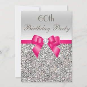 Any Age Birthday Party Silver Sequins Hot Pink Bow Invitation