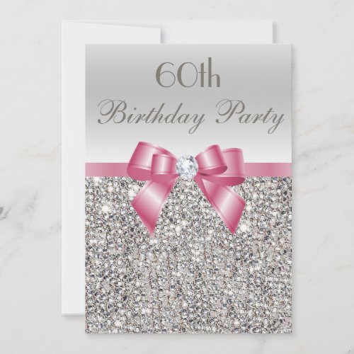 Any Age Birthday Party Silver Sequins Pink Bow Invitation