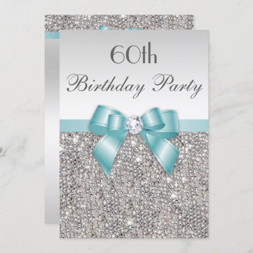 Any Age Birthday Party Silver Sequins Teal Bow Invitation