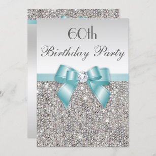 Any Age Birthday Party Silver Sequins Teal Bow Invitation