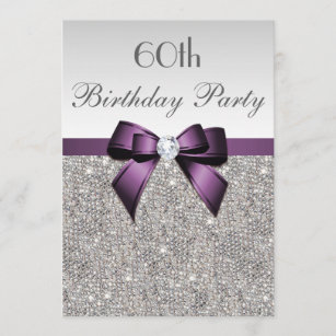 Any Age Birthday Party Silver Sequins Violet Bow Invitation
