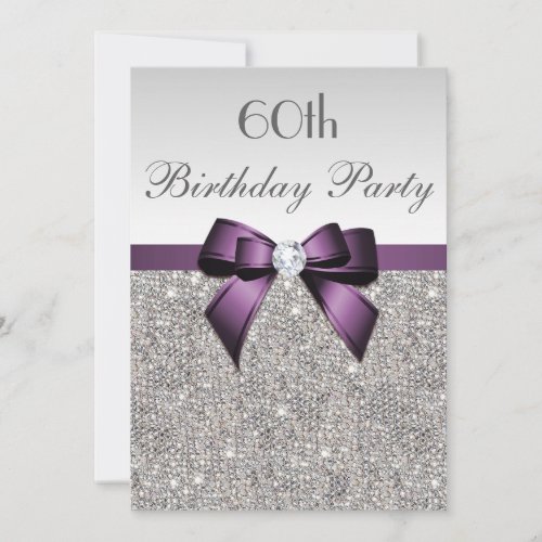 Any Age Birthday Party Silver Sequins Violet Bow Invitation