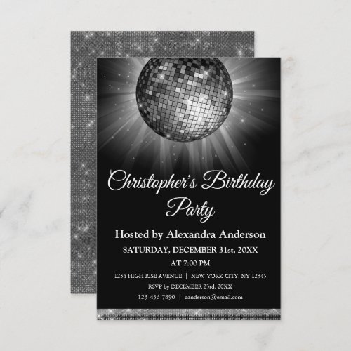 Any Age Birthday Party Silver Sparkle Disco Ball Invitation